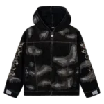 DISTRESSED PATCHWORK DENIM ZIP JACKET DIRTY BLACK