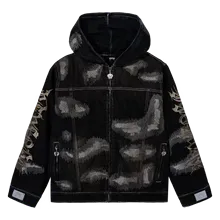 DISTRESSED PATCHWORK DENIM ZIP JACKET DIRTY BLACK