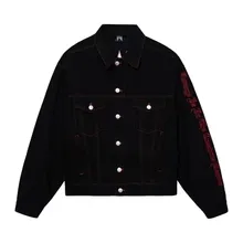 RED EMBROIDERED LOGO BLACK DENIM JACKET