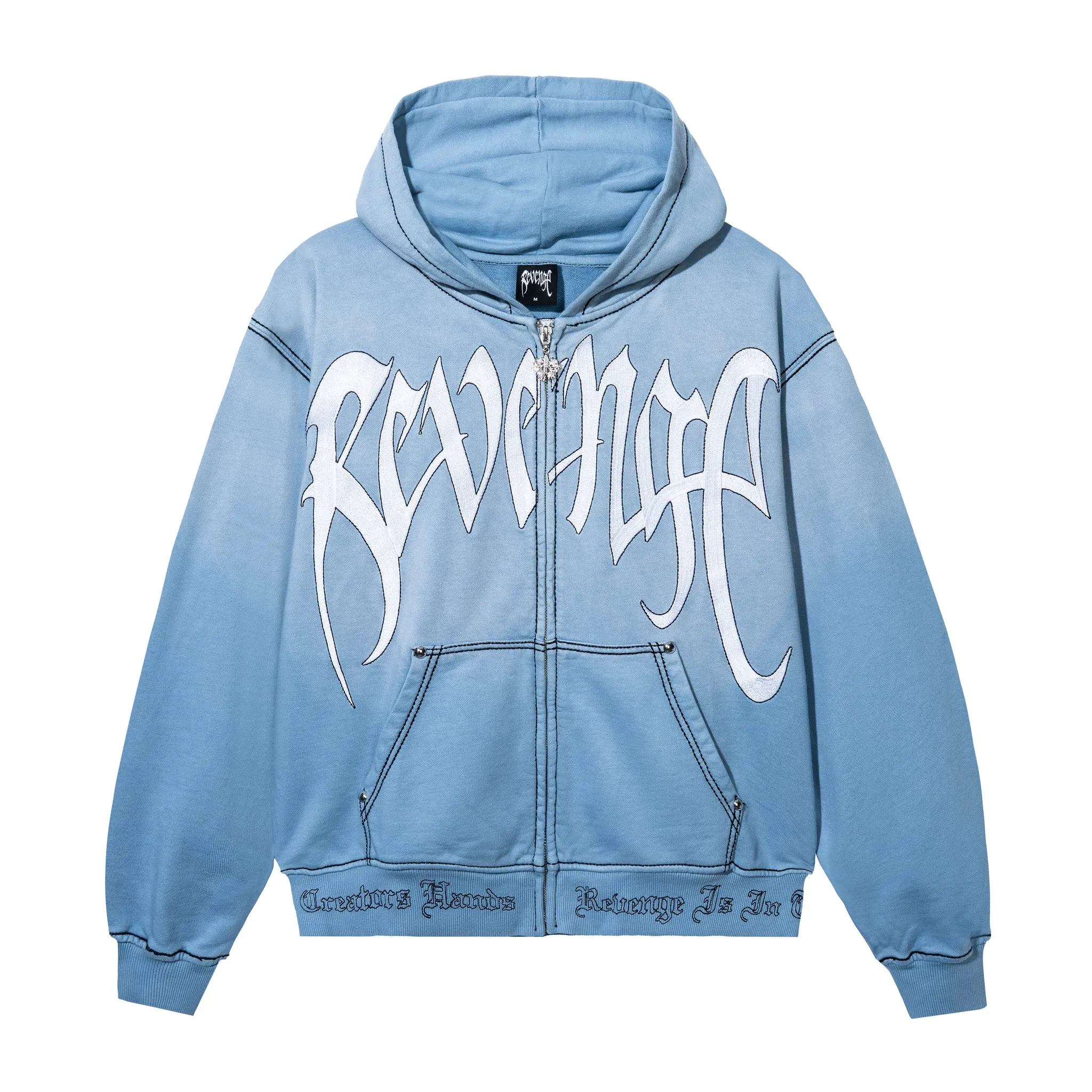 CONTRAST SKULL EMBROIDERED ZIP WASHED BABY BLUE WHITE CONTRAST SKULL EMBROIDERED ZIP WASHED BABY BLUE/WHITE