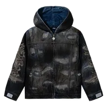 DISTRESSED PATCHWORK DENIM ZIP JACKET DIRTY INDIGO DISTRESSED PATCHWORK DENIM ZIP JACKET DIRTY INDIGO