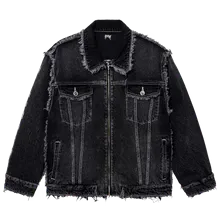 FRAYED SKULL PATCH DENIM JACKET BLACK