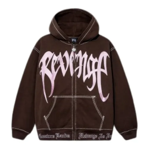 CONTRAST EMBROIDERED ZIP HOODIE BROWN CONTRAST EMBROIDERED ZIP HOODIE BROWN
